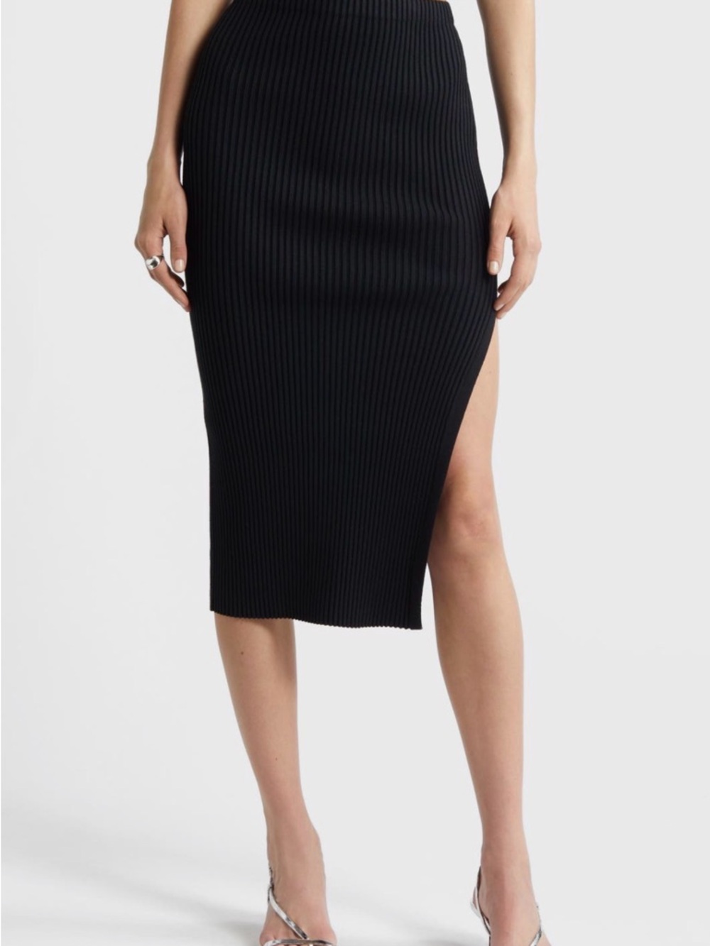 Slim Ribbed Midi Skirt with Side Slit - Black